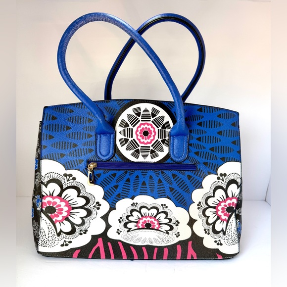 Spring, Bold Floral Satchel Tote Bag, Blue Pink & Black - Picture 3 of 13